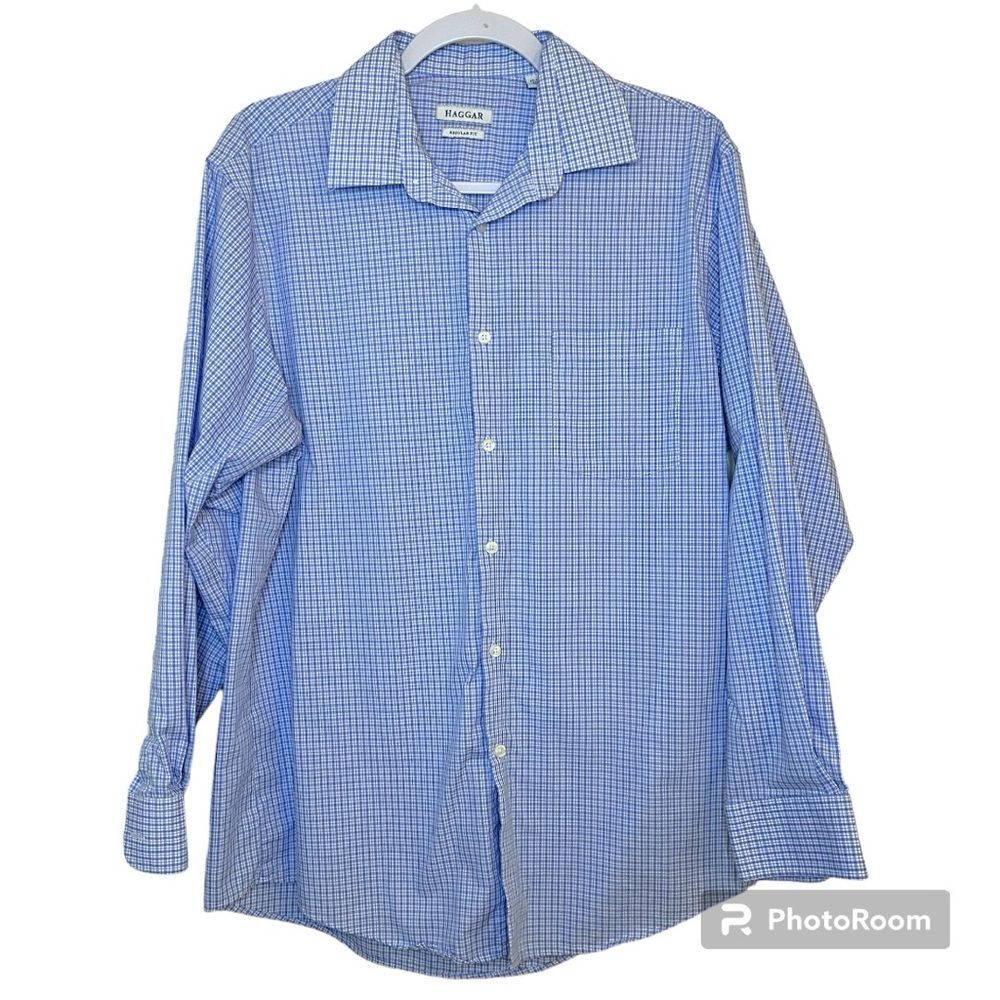 Haggar Men’s Regular Fit Blue Checkered Print Dress Shirt Size 15-15.5